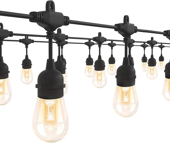 GANA Outdoor String Lights for Patio 48FT 2200K 12V Safety Voltage, LEDs with High CIR, 15 E26 Hanging Sockets, Shatterproof S14 Plastic Bulbs, IP65 Waterproof for Garden, Terrace, Outside