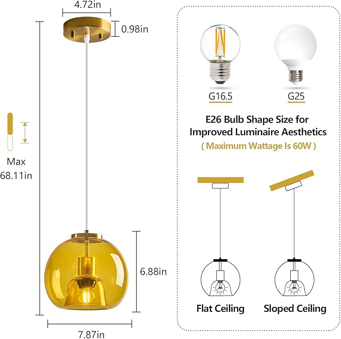 Yellow Glass Pendant Lights Kitchen Island Gold Hanging Light Fixture Glass Globe Pendant Light Modern Pendant Lighting for Kitchen Island Bedroom Dining Room (7.87", 1 Pack)