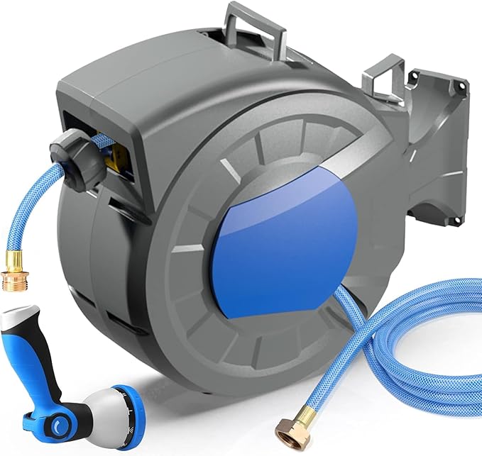 Retractable Garden Hose Reel, 1/2" x 100 ft + 6.5 ft Wall Mounted Water Hose Reel for Outside with 10 Pattern Nozzle, Automatic Slow Rewind System/Lock Any Length/180°Swivel
