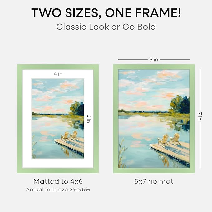 Homeforia 5x7 Picture Frame Sage Green, High End Metal 5 x 7 Frames with Mat 4 x 6 for Photo, 5by7 Desk Frame Matted to 4x6 inch Art, 5 by 7 Wall or Tabletop Frames, Tempered Glass, Wall Kit, Set of 1
