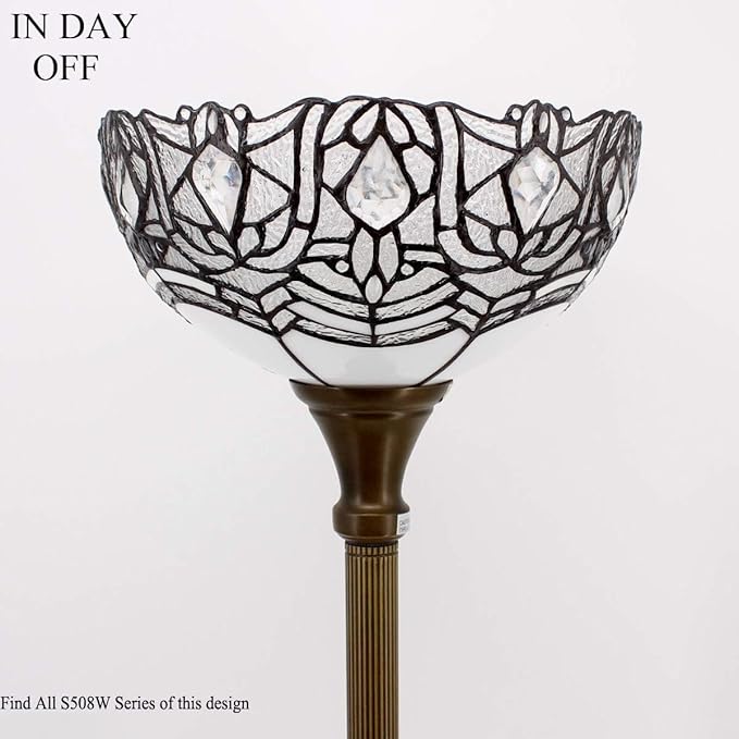 WERFACTORY Tiffany Floor Lamp White Crystal Stained Glass Light 12X12X71 Inches Pole Torchiere Standing Corner Torch Uplight Decor Bedroom Living Room Home Office S508W Series