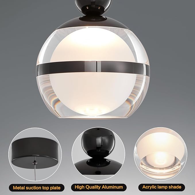 Modern Black Pendant Light Globe Hanging Kitchen Light Fixtures Dimmable LED Pendant Lights Kitchen Island for Dining Room Bar Living Room Bedroom Bathroom 1-Light