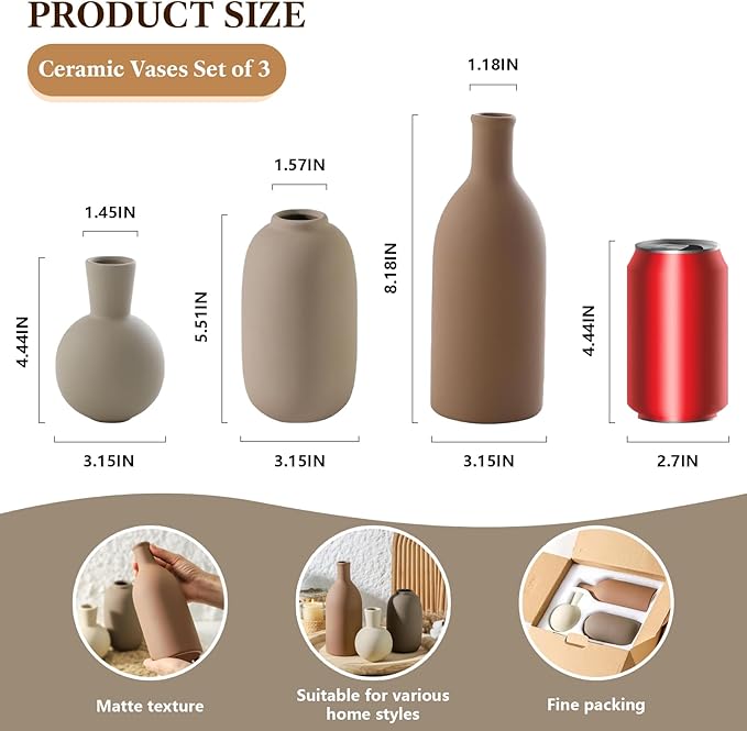 Ceramic Vase Set of 3, Vases Home Decor, Neutral Rustic Modern Farmhouse Decor, Pottery Vases for Pampas Grass Dried Fresh Flowers, Living Room Kitchen Bedroom Bathroom Entryway Mantel Shelf (Brown)