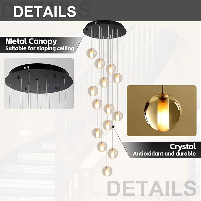 14 Lights Black Staircase Chandelier for High Ceiling, Dimmable Modern Crystal Raindrop Large Long Hanging Pendant Light for Stairwell Living Room Stair Foyer, Bulbs Included