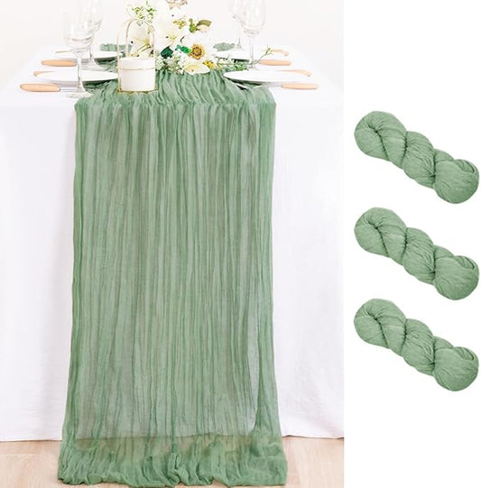 MLMC 3 Pack Sage Green Table Runner 10ft Rustic Boho Cheesecloth Table Runner Cheese Cloth Centerpiece Fall Decor 35x120 Inches for Wedding Bridal Baby Shower Decor