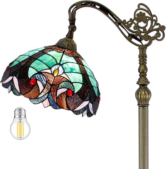 WERFACTORY Tiffany Floor Lamp Green Liaison Stained Glass Arched Lamp 12X18X64 Inches Gooseneck Adjustable Corner Standing Reading Light Decor Bedroom Living Room S160G Series