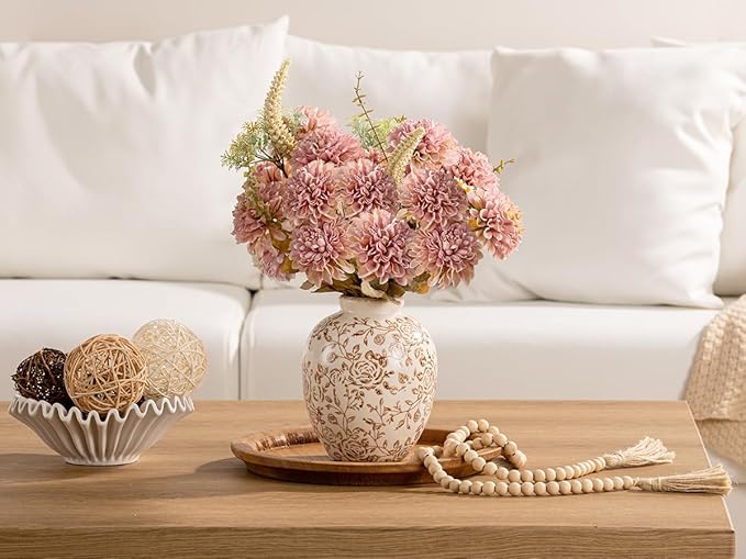 Ceramic Vintage Vase, Flower Decorative Vase Chinoiserie Decor Rustic Farmhouse Retro Floral Vases for Table Bookshelf Mantel Kitchen Living Room Office - 7.8inch