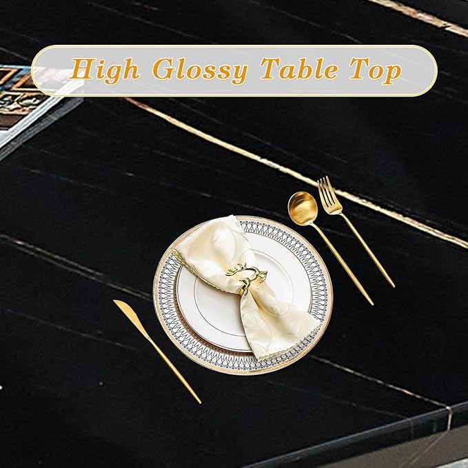 TesNus 63" Black Dining Table Set for 4 with Chairs,Modern Faux Marble Rectangular Kitchen Table and Chairs Set Luxury 5 Piece Dining Room Set with Gold Metal Legs,Easy Assemble,Stable Base