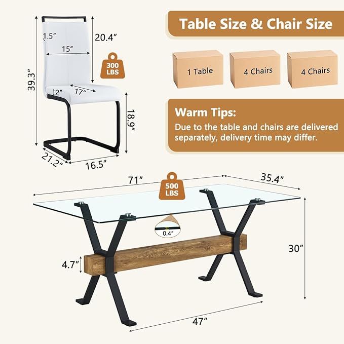 9 Piece Glass Dining Table Set, Kitchen Table Chairs Set for 8, 71'' Dining Table with 0.4" Tempered Glass Tabletop with Plated Metal Legs and MDF Crossbar, 8 PU Chairs for Dining Room, Kitchen.