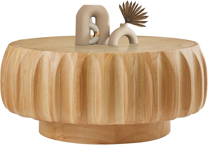 31.5" Round Coffee Table Drum Table Contemporary Wood Fluted Centry Table with Solid Wood Veneer for Living Room (Natural)