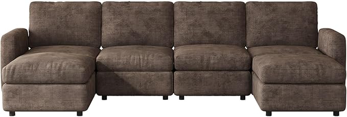 6-Seat Modular Sectional Sofa Couch with Ottoman Storage, Convertible Sleeper Sofas for Living Room Bedroom Apartment, Comfy Brown Cloud Futon Lounge Couches Furniture Set