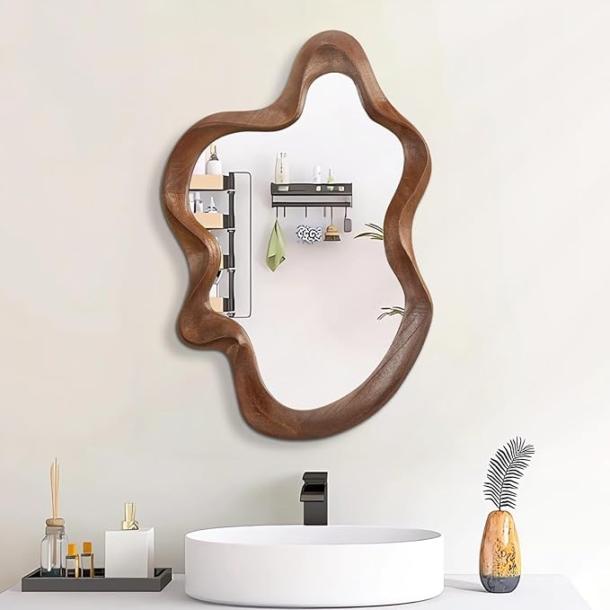 Asymmetrical Mirror Wood Frame Irregular Wall Mirrors Unique Shape Wall Mirrors Modern Artistic Cloud Mirror Decorative for Living Room Bedroom Cloakroom Bathroom Entryway Hallway 22"x15"