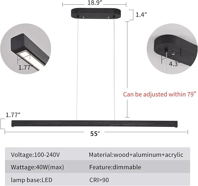 55 Inch LED Linear Pendant Light Black Wood LED Kitchen Island Lighting Dimmable Ceiling Hanging Chandeliers for Dining Room Living Room Bar Pool Table 36W Modern Farmhouse Fixture Black Wood Finish