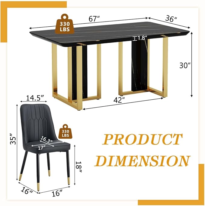 TesNus 63" Black Dining Table Set for 4 with Chairs,Modern Faux Marble Rectangular Kitchen Table and Chairs Set Luxury 5 Piece Dining Room Set with Gold Metal Legs,Easy Assemble,Stable Base