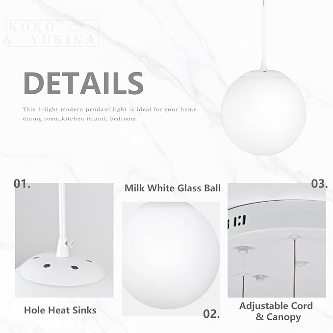 KoKo&Yukina Globe Pendant Light Adjustable Hanging Light Staircase Chandelier Milk Glass Pendant Lights with Milky White Glass Shade Globe Lights for Staircase