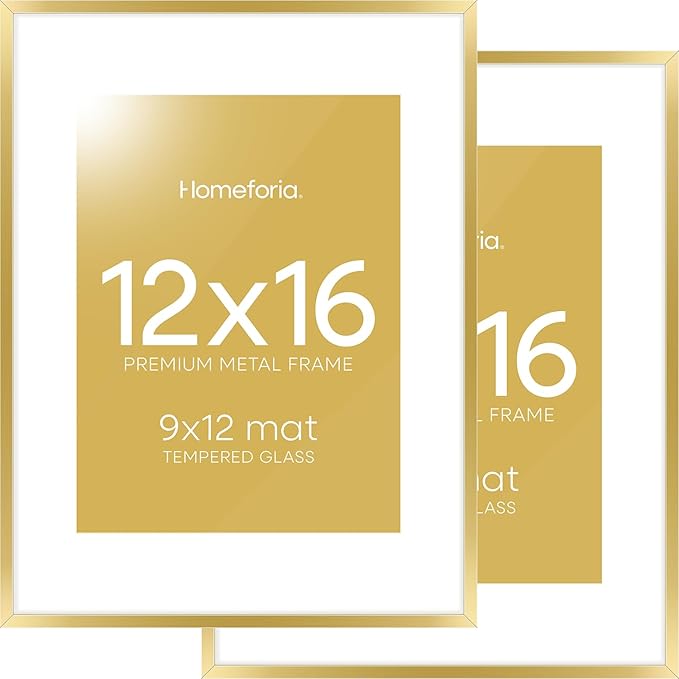 Homeforia 12x16 Picture Frame Gold, High End Metal 12x16 Poster Frames with Mat 9x12 for Photo, 12 x 16 Gold Frame Matted to 9 by 12 Print, 16x12 Thin Hanging Frame, Tempered Glass, Wall Kit, Set of 2