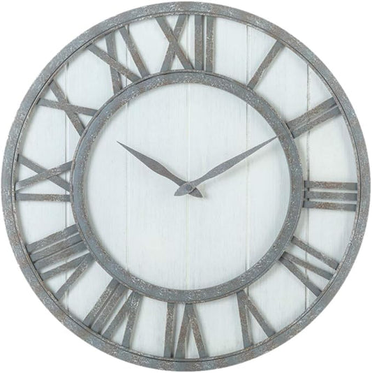 Oldtown Farmhouse Metal & Solid Wood Noiseless Wall Clock (Whitewash, 18-inch)