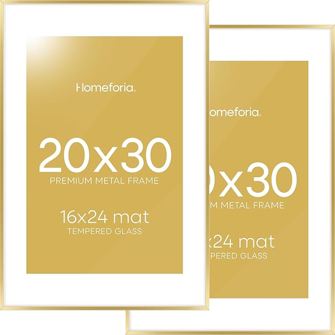 Homeforia 20x30 Poster Frame Gold, High End Metal 20 x 30 Picture Frames with Mat 16 by 24 Photo, 20x30 Gold Frame Matted to 16x24 Print, 30x20 Large Hanging Frames, Tempered Glass, Wall Kit, Set of 2