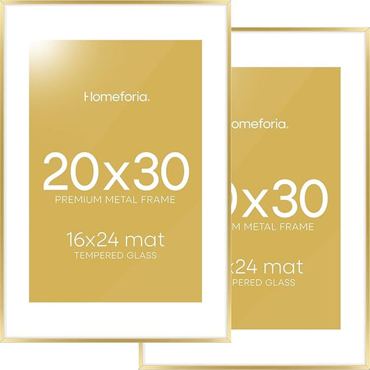 Homeforia 20x30 Poster Frame Gold, High End Metal 20 x 30 Picture Frames with Mat 16 by 24 Photo, 20x30 Gold Frame Matted to 16x24 Print, 30x20 Large Hanging Frames, Tempered Glass, Wall Kit, Set of 2