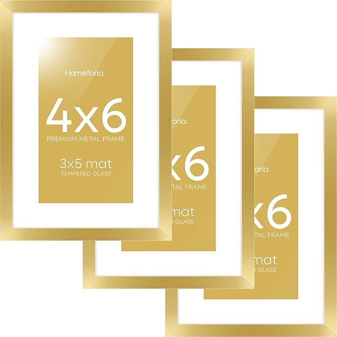 Homeforia 4x6 Picture Frame Gold, High End Metal 4 x 6 Gold Frames with Mat 3 x 5 for Print, 4by6 Desk Frame Matted to 3x5 inch Photo, 4 by 6 Wall or Tabletop Frame, Tempered Glass, Wall Kit, Set of 3