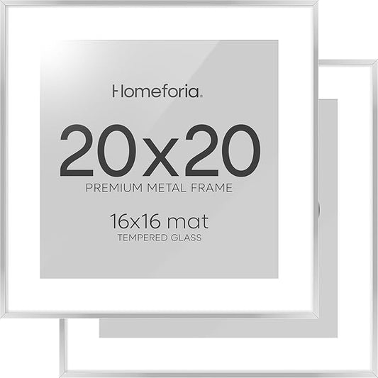 Homeforia 20x20 Silver Picture Frame, High End Metal 20 x 20 Square Frame with Mat 16 x 16 Photo, 20x20 Poster Frames Matted to 16x16 Print, 20 by 20 Hanging Frames, Tempered Glass, Wall Kit, Set of 2