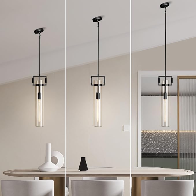 Modern Large Black Pendant Light Fixture 21.6 Inch - Adjustable Hanging Chandelier with Glass Shade & Brass Finish, Island Lighting for Kitchen, Dining Room, Bedroom, Bathroom