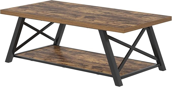 EXCEFUR Modern Coffee Table, Wood and Metal Living Room Center Table with Storage Shelf, Industrial Rectangle Cocktail Tea Table, Rustic Brown, 47 Inch