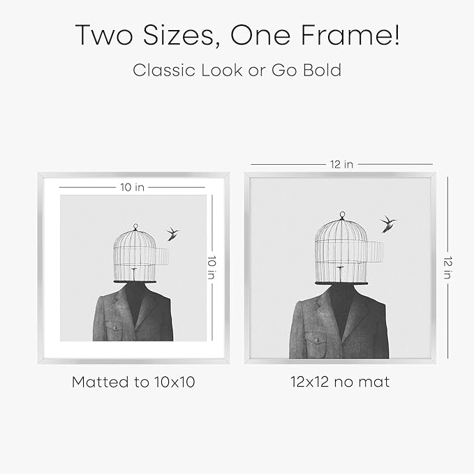 Homeforia 12x12 Silver Frame, High End Metal 12 x 12 Square Picture Frame with Mat 10 x 10 Photo, 12x12 Poster Frames Matted to 10x10 Print, 12 by 12 Hanging Frames, Tempered Glass, Wall Kit, Set of 2