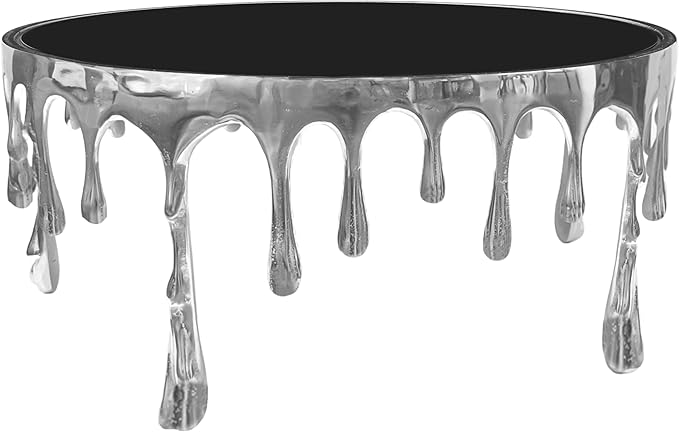 TUP THE URBAN PORT Capri Coffee Table | 36 Inch Round Glass Top | Melting Drip Design | Silver