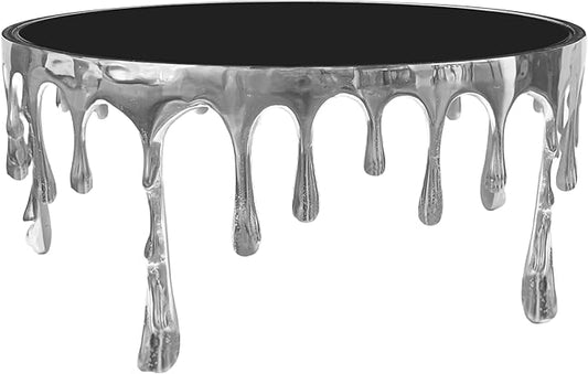 TUP THE URBAN PORT Capri Coffee Table | 36 Inch Round Glass Top | Melting Drip Design | Silver