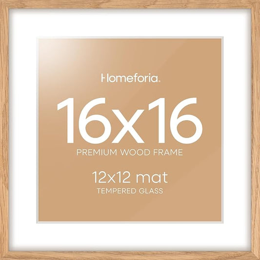 Homeforia 16x16 Picture Wood Frame, High End Natural Oak 16 x 16 Square Light Wooden Frames with Mat 12 by 12 inch Photo, 16by16 Poster Frames Matted to 12x12 Print, Tempered Glass, Wall Kit, Set of 1