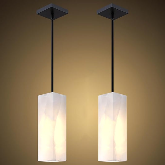 Natural Alabaster Square Marble Hanging Kitchen Island Modern Industrial Farmhouse Pendant Ceiling Light Fixture,2 Pack Black Finish Over Sink Restaurant bar Corridor