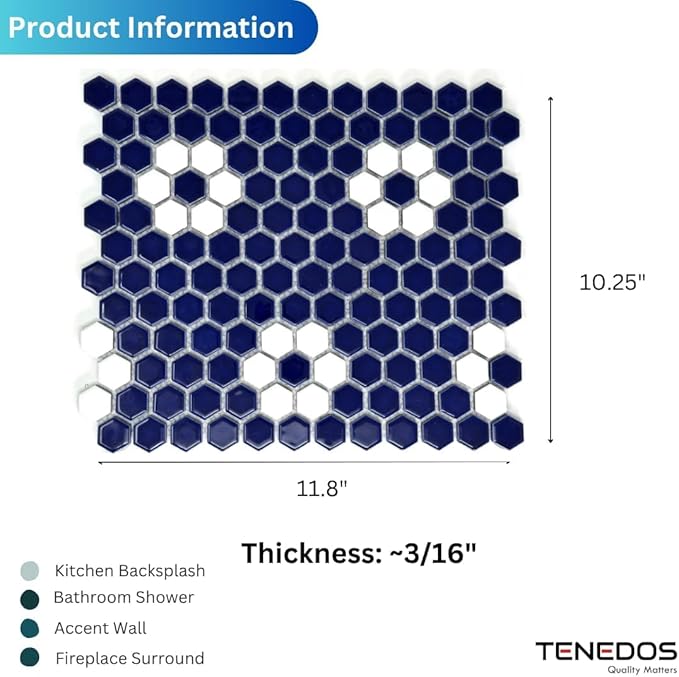 Tenedos Hexagon Glossy Cobalt Blue Flower Porcelain Mosaic Tile – Kitchen Backsplash, Bathroom Wall & Shower Floor Tile (5 Sheets)