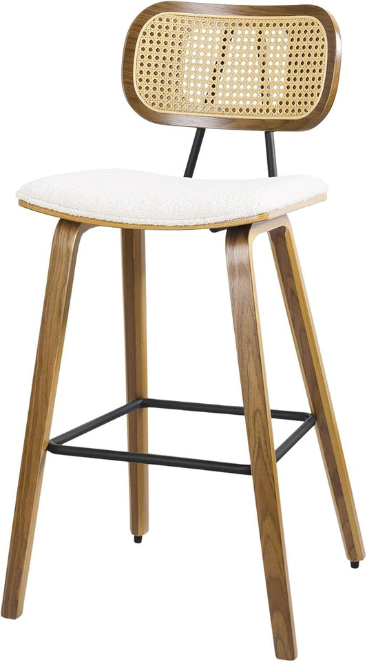 Counter Height Bar Stools, Mid Century Modern Counter Stools, 26" Wood Kitchen Stool Boucle Fabric Upholstered Barstool with Rattan Back, Counter Height Island Dining Bar Chair, White