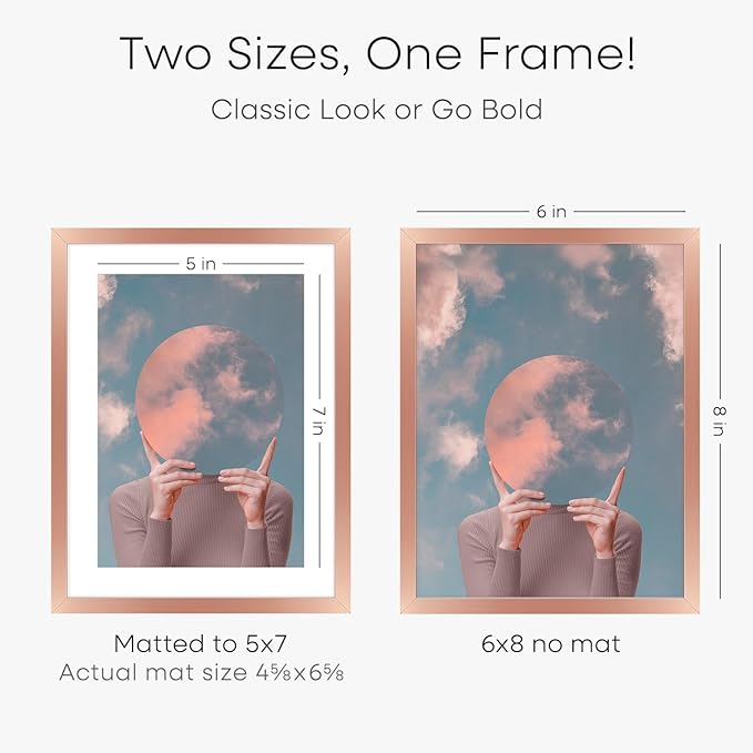 Homeforia Rose Gold 6x8 Picture Frame, High End Metal 6 x 8 Frames with Mat 5 x 7 for Print, 6by8 Desk Frame Matted to 5x7 inch Photo, 6 by 8 Wall or Tabletop Frame, Tempered Glass, Wall Kit, Set of 2