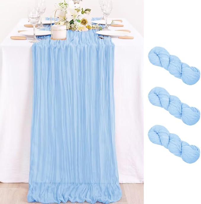 MLMC 3 Pack Light Blue Cheesecloth Table Runner Baby Blue Table Runner 10ft Sheer Rustic Cheese Cloth Baby Shower Decorations 35x120 Inches for Fall Birthday Gender Reveal Baby Shower Wedding Decor