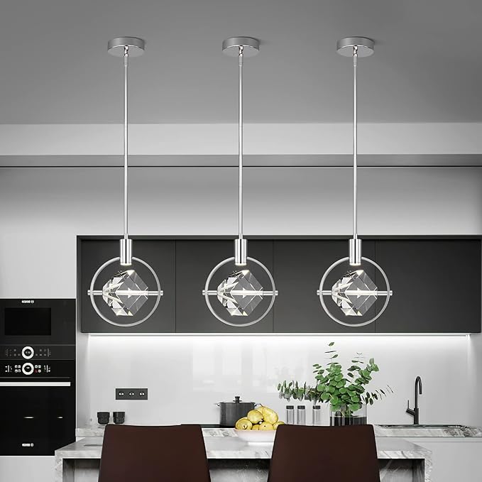 Modern Crystal Pendant Light in Chrome Mini Dimmable Integrated LED Light Fixtures Metal Rod Ceiling Chrome Chandelier for Kitchen Island Bedroom Dining Room Bar(1-Lights)