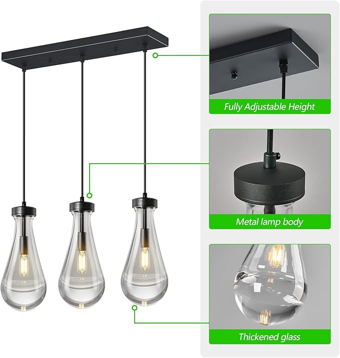 Raindrop Pendant Lights Kitchen Island Teardrop Black Hanging Light Fixtures Clear Solid Glass Pendant Light Modern Chandeliers for Dining Room Porch Corridor Living Room(Long Plate-3 Lights)