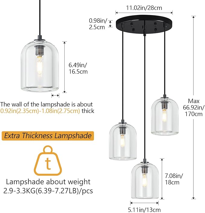 Modern Black Pendant Lights Kitchen Island Ceiling Chandelier Indoor Crystal Hanging Light Fixtures for Dining Room Kitchen Living Room Bedroom（3Light）