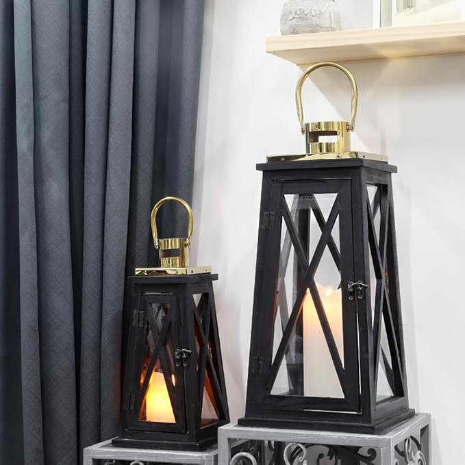 TRIROCKS Set of 2 Farmhouse Wooden Lantern 12''&18'' Metal Decorative Candle Holders with Tempered Glass Rustic Outdoor Lantern for Home Christmas Patio Wedding Parties Indoor Outdoor(Black Trapezoid)