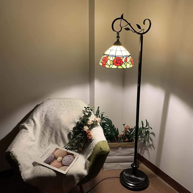 Bieye L10804 Rose Flower Tiffany Style Stained Glass Reading Floor Lamp 59.5 inches Tall, Red