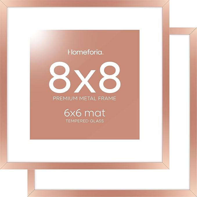 Homeforia Rose Gold Frame 8x8, High End Metal 8 x 8 Square Picture Frames with Mat 6 x 6 Art, 8x8 Photo Frame Matted to 6x6 inch Print, 8by8 Wall or Tabletop Frames, Tempered Glass, Wall Kit, Set of 2
