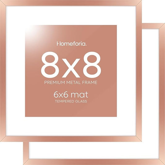 Homeforia Rose Gold Frame 8x8, High End Metal 8 x 8 Square Picture Frames with Mat 6 x 6 Art, 8x8 Photo Frame Matted to 6x6 inch Print, 8by8 Wall or Tabletop Frames, Tempered Glass, Wall Kit, Set of 2