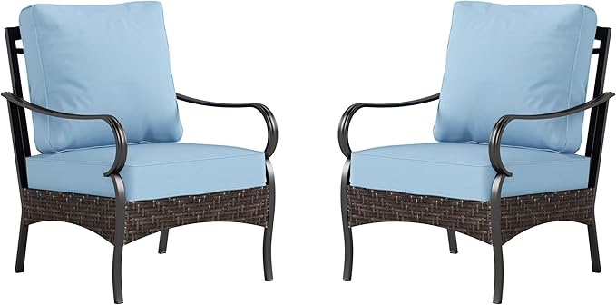 PHI VILLA Outdoor Wicker Chairs Sofa of 2, All Weather High Back Rattan Chairs 2 Seats with Comfy Cushions for Porch Deck