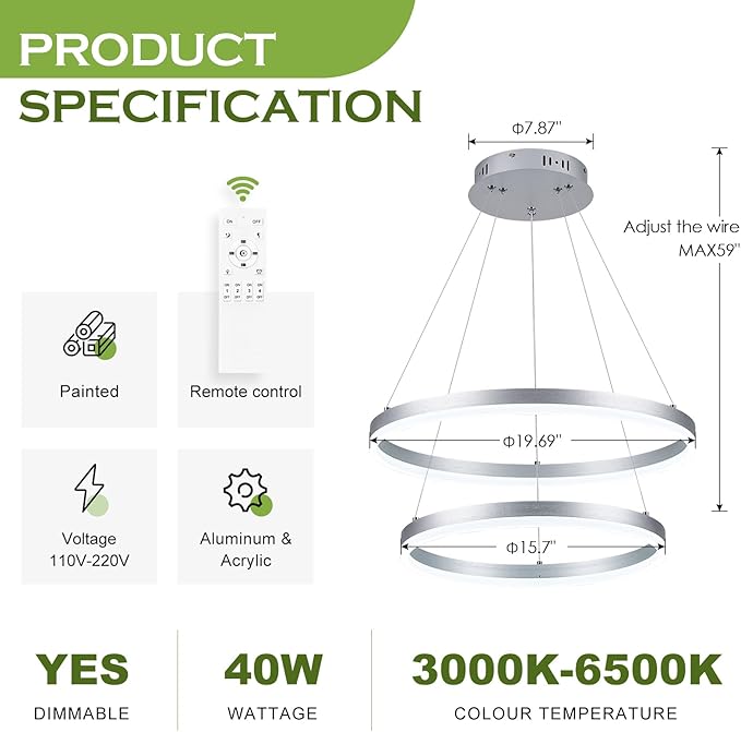 2-Rings Modern LED Chandelier Silver for Dining Room, Circular Flush Mount Ceiling Chandelier Light Dimmable Pendant Light with Remote Control for Living Room Entrance Foyer, 3000K-6500K