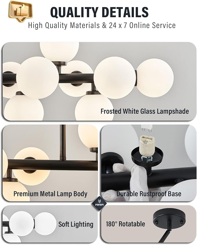 Glass Globe Sputnik Chandelier, 16-Light Mid Century Modern Light Fixture Over Table, Linear Chandeliers for Dining Room, Kitchen Island, Black and Milk White Bubble, 40 Inch, GC-02