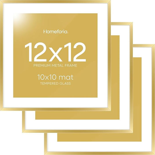 Homeforia 12x12 Picture Frame Gold, High End Metal 12 x 12 Square Poster Frame with Mat 10 x 10 Photo, 12x12 Frame Matted to 10x10 Print, 12by12 Gold Hanging Frames, Tempered Glass, Wall Kit, Set of 3