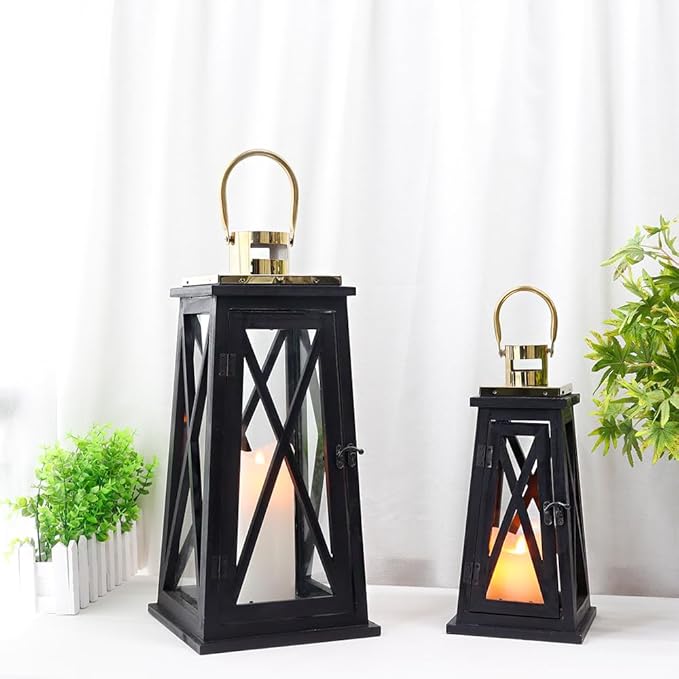 TRIROCKS Set of 2 Farmhouse Wooden Lantern 12''&18'' Metal Decorative Candle Holders with Tempered Glass Rustic Outdoor Lantern for Home Christmas Patio Wedding Parties Indoor Outdoor(Black Trapezoid)