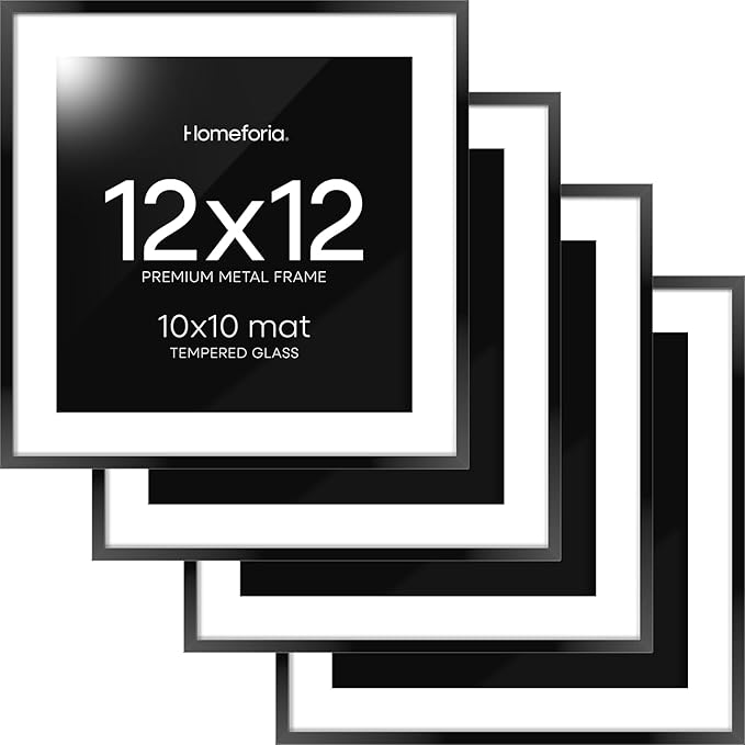 Homeforia Black 12x12 Picture Frames, High End Metal 12 x 12 Square Poster Frame with Mat 10 x 10 Photo, 12x12 Black Frame Matted to 10x10 Print, 12by12 Thin Frames, Tempered Glass, Wall Kit, Set of 4