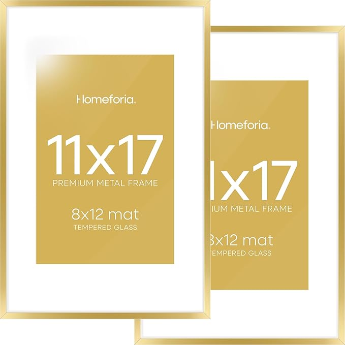 Homeforia 11x17 Picture Frame Gold, High End Metal 11x17 Poster Frames with Mat 8x12 for Photo, 11 x 17 Gold Frame Matted to 8 by 12 Print, 17x11 Thin Hanging Frame, Tempered Glass, Wall Kit, Set of 2